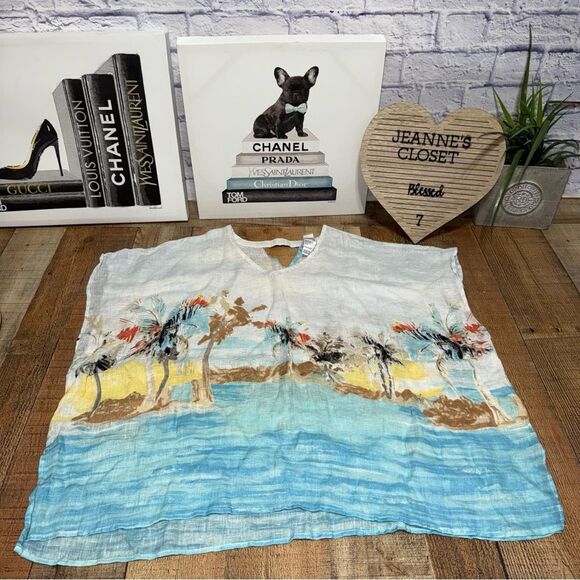 Chico's Scenic Ocean 100% Linen Caftan Blouse Top Beachy Tropical Poncho L/XL - Picture 9 of 10